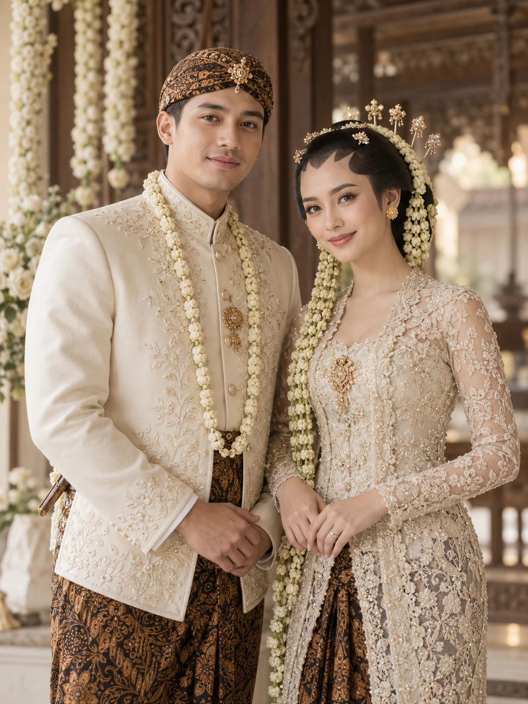 Potret contoh AI pasangan pengantin dalam busana Jawa ivory