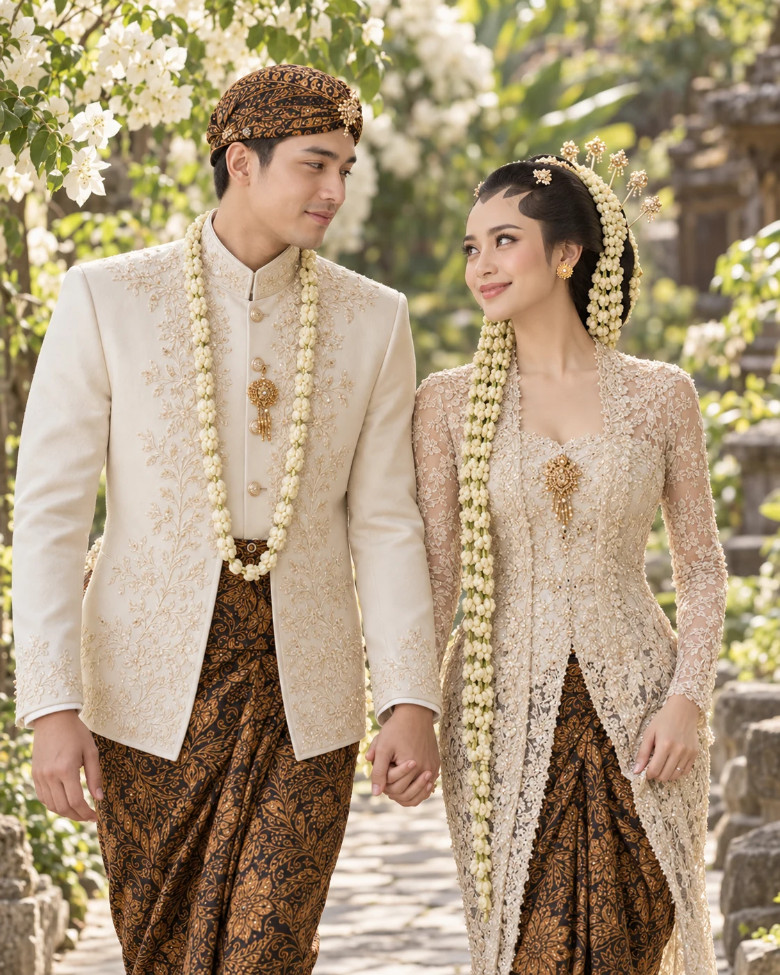 Potret contoh AI pengantin bergandengan di taman berbunga putih
