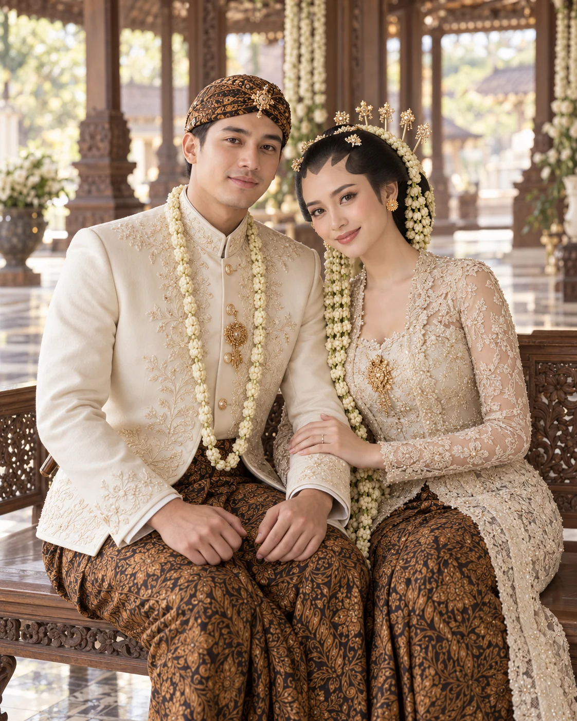 Potret contoh AI pengantin duduk bersama di pendopo kayu Jawa